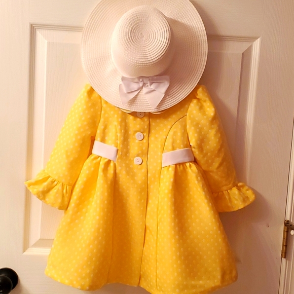 BONNIE JEAN YELLOW AND WHITE POLKA DOAT DRESS AND COAT WITH WHITE HAT - Picture 5 of 13